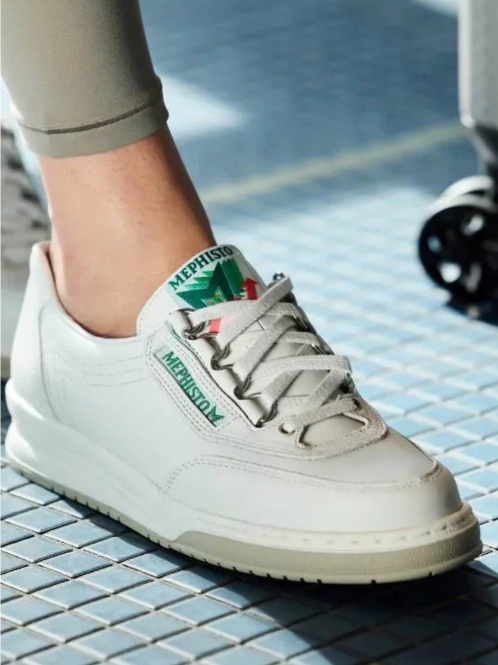 Mephisto White Leather Sneaker with Green Logo Accents Have Small Rubs